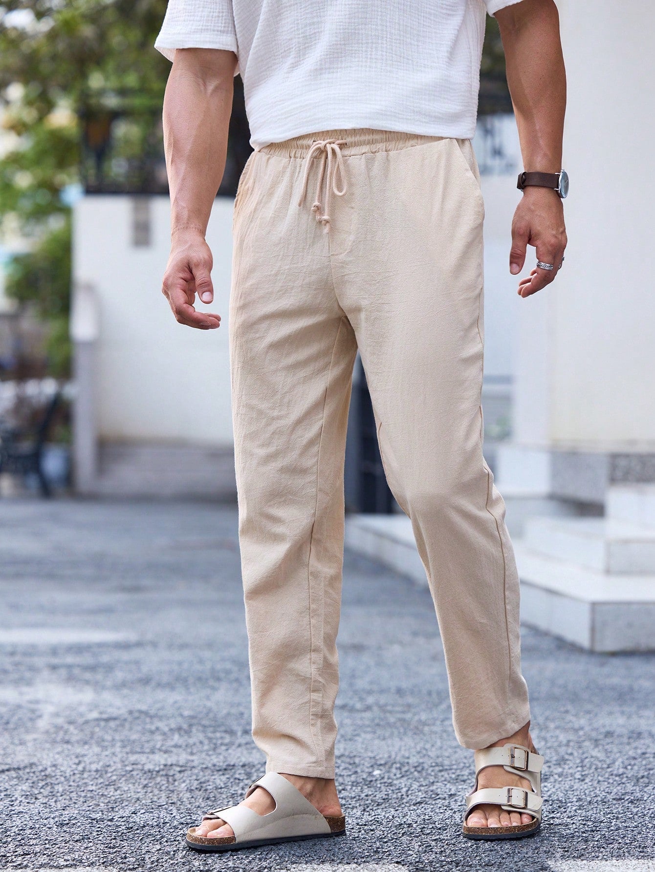 Calça Masculina Casual em Linho de cor Sólida